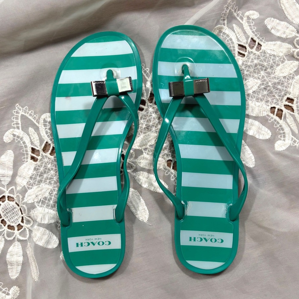 Y2K Coach Landon Teal Green White Striped Jelly Flip Flops Bow Sandals Womens 9